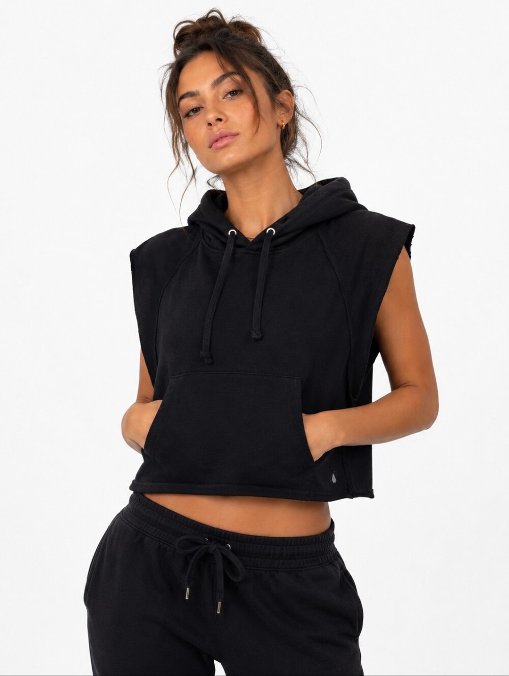 Cali Sport Womens Black Sleeveless Hoodie Muscle Shirt Top Size M Raw Hem
